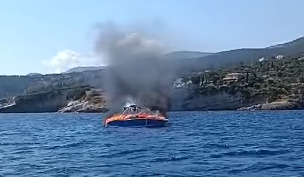An up close image of the motorboat in flames
