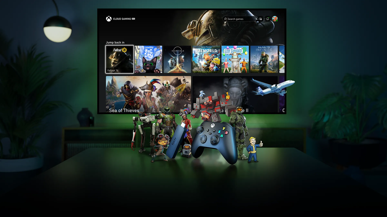an xbox controller is pictured with a Fire TV stick and characters from some of xbox biggest games