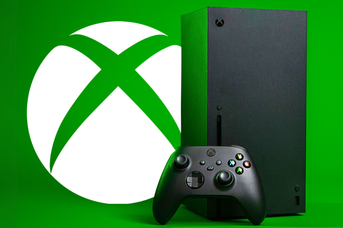 an xbox series x console and controller pictured on a green background with the logo 
