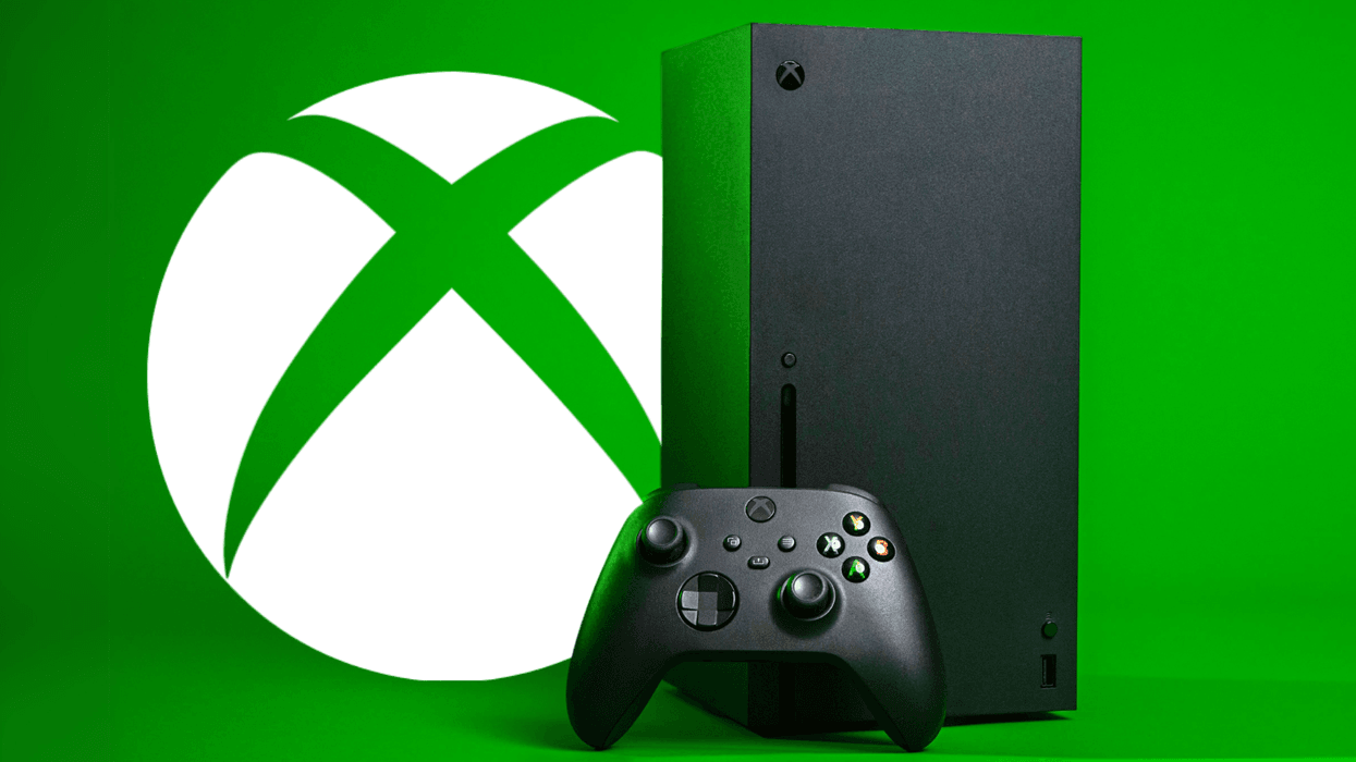an xbox series x console and controller pictured on a green background with the logo