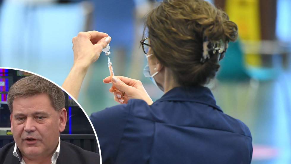 Andrew Bridgen and a nurse holding a Covid vaccine