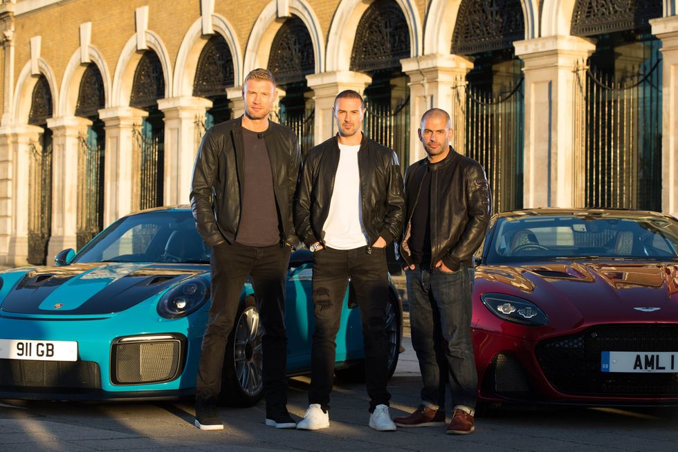Andrew 'Freddie' Flintoff, Paddy McGuinness and Chris Harris with a Porsche 911 GT2 RS and an Aston Martin DBS Superleggera