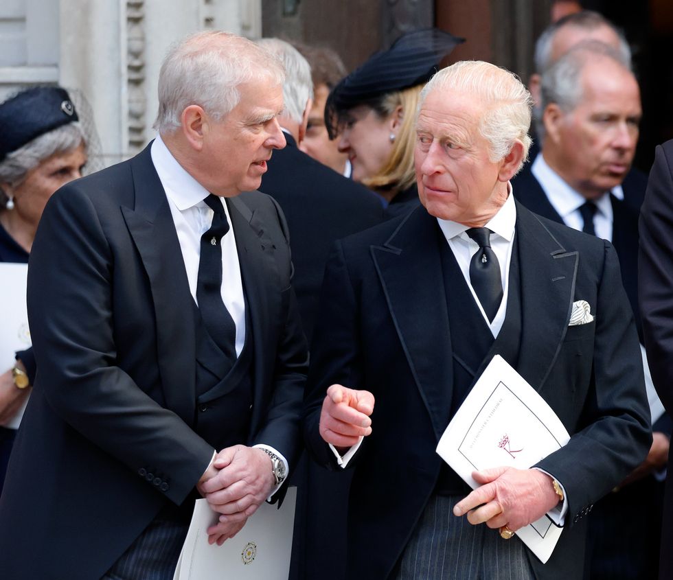 Andrew Mountbatten-Windsor and King Charles at the Duchess of Kent's funeral