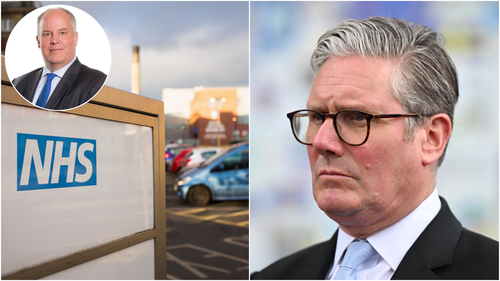 Andrew RT Davies, NHS sign and Keir Starmer