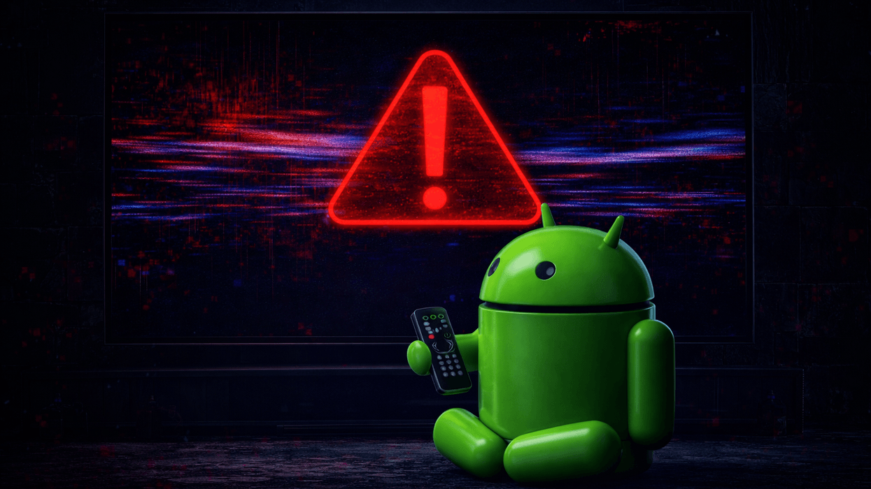 Android mascot holding a remote controller in front of a TV screen with a glitch and warning symbol