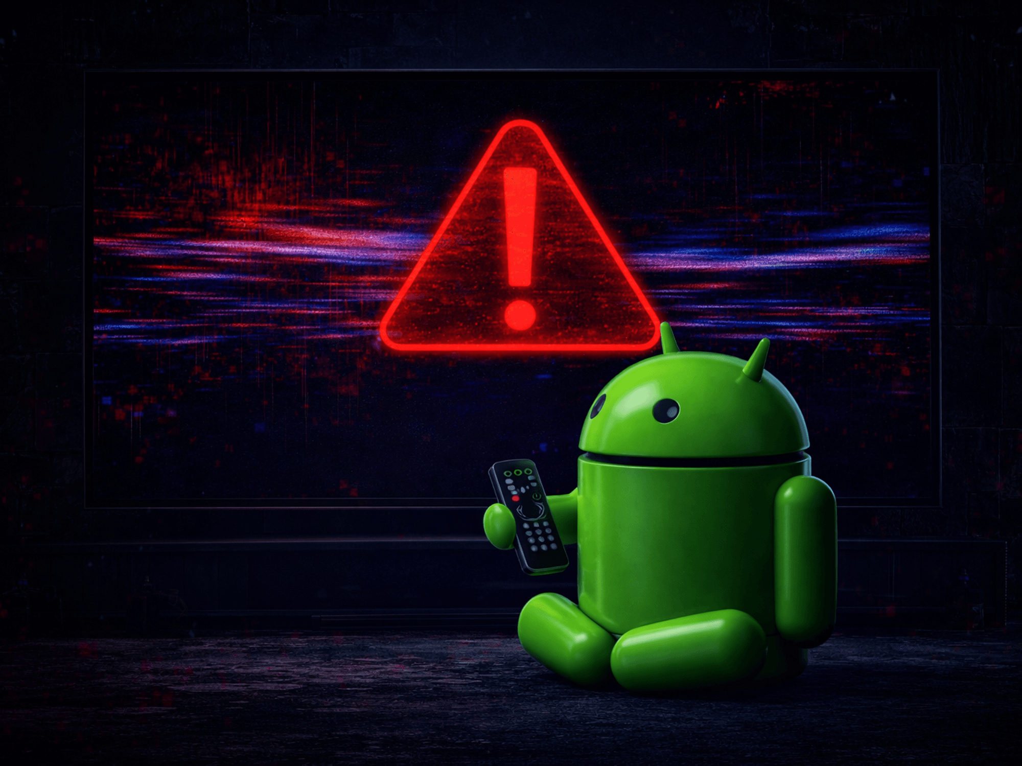 Android mascot holding a remote controller in front of a TV screen with a glitch