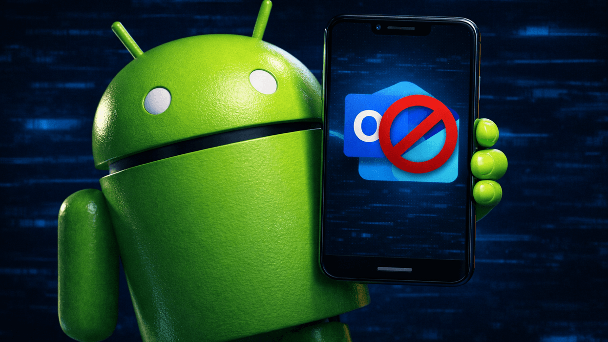 Android mascot holding mobile with Outlook Lite and a red block symbol