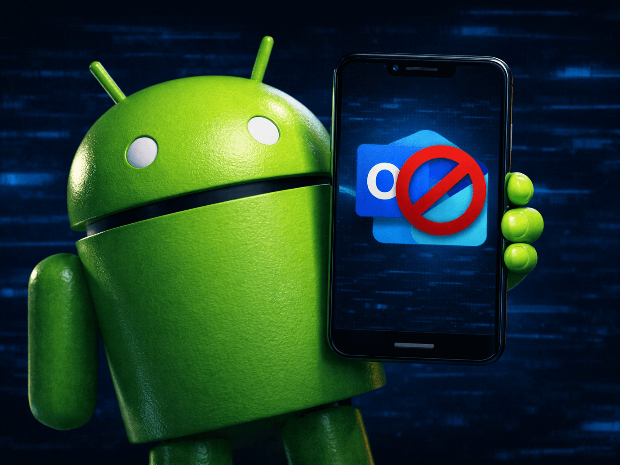 Android mascot holding mobile with Outlook Lite and a red block symbol