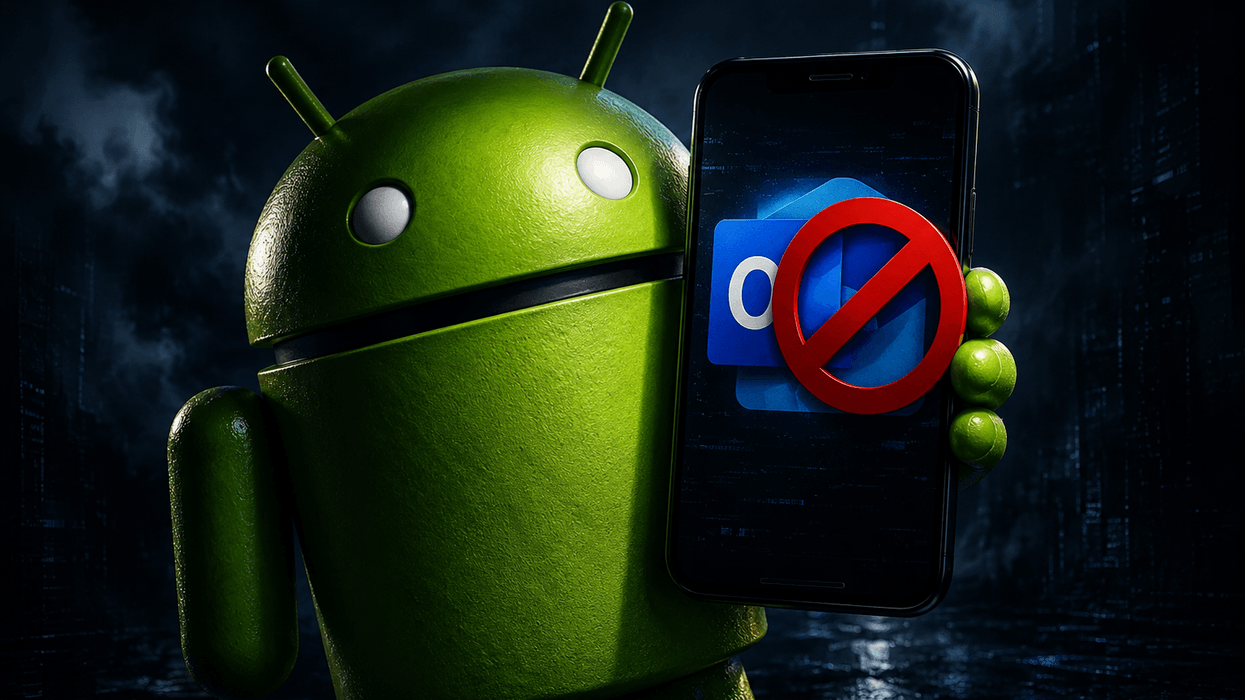 Android mascot holding mobile with Outlook Lite and a red block symbol