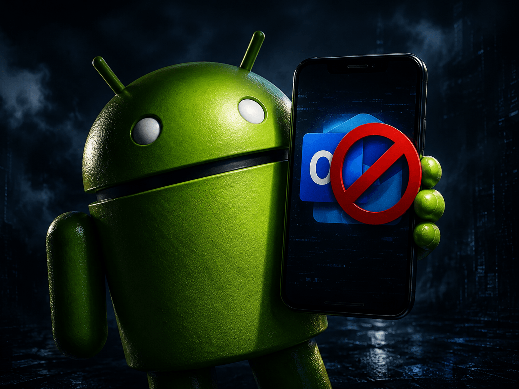 Android mascot holding mobile with Outlook Lite and a red block symbol