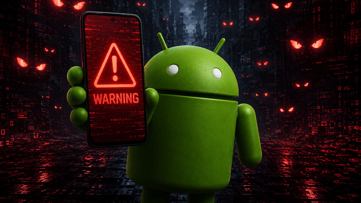 Android mascot holding mobile with red warning symbol
