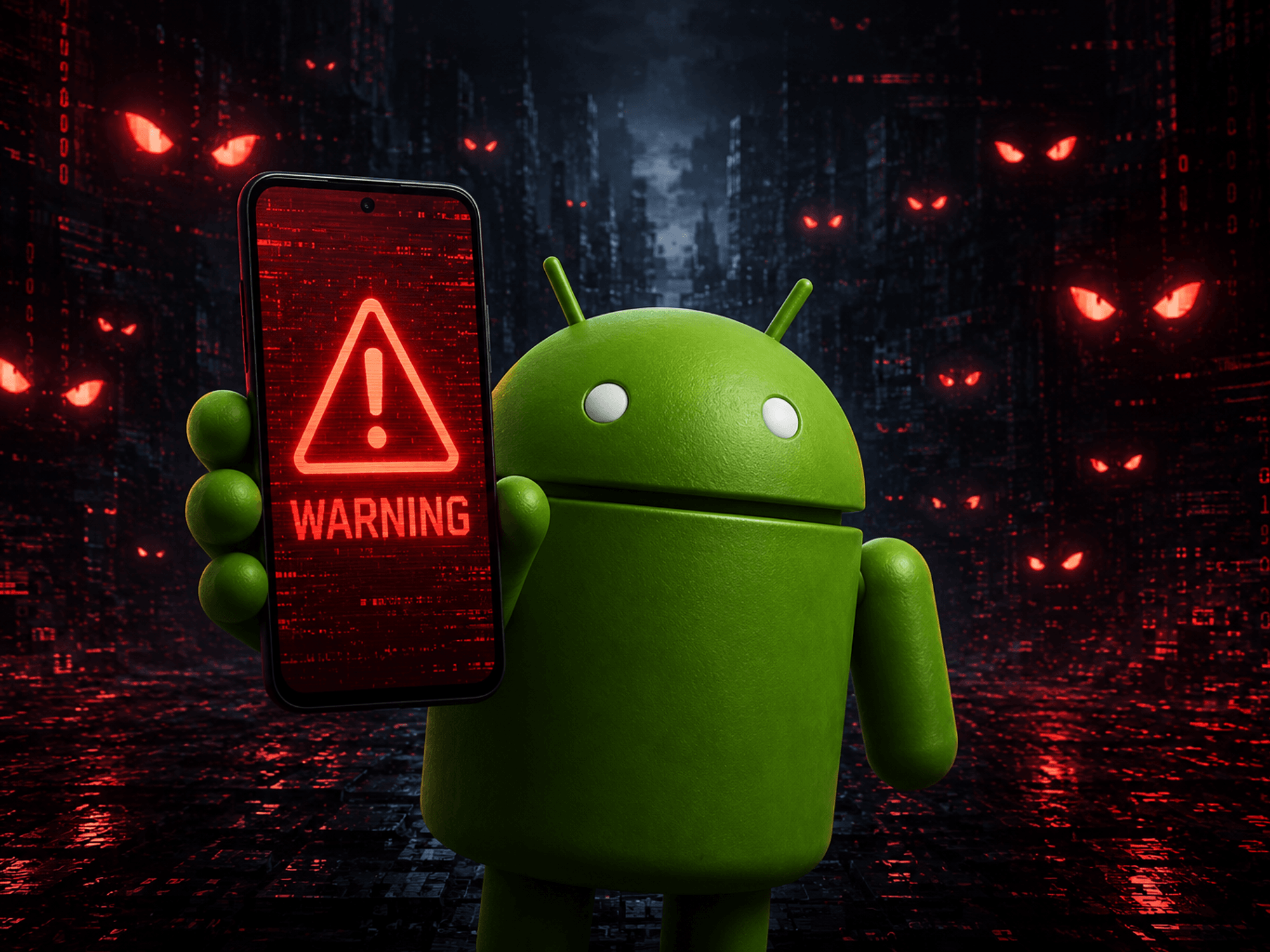Android mascot holding mobile with red warning symbol