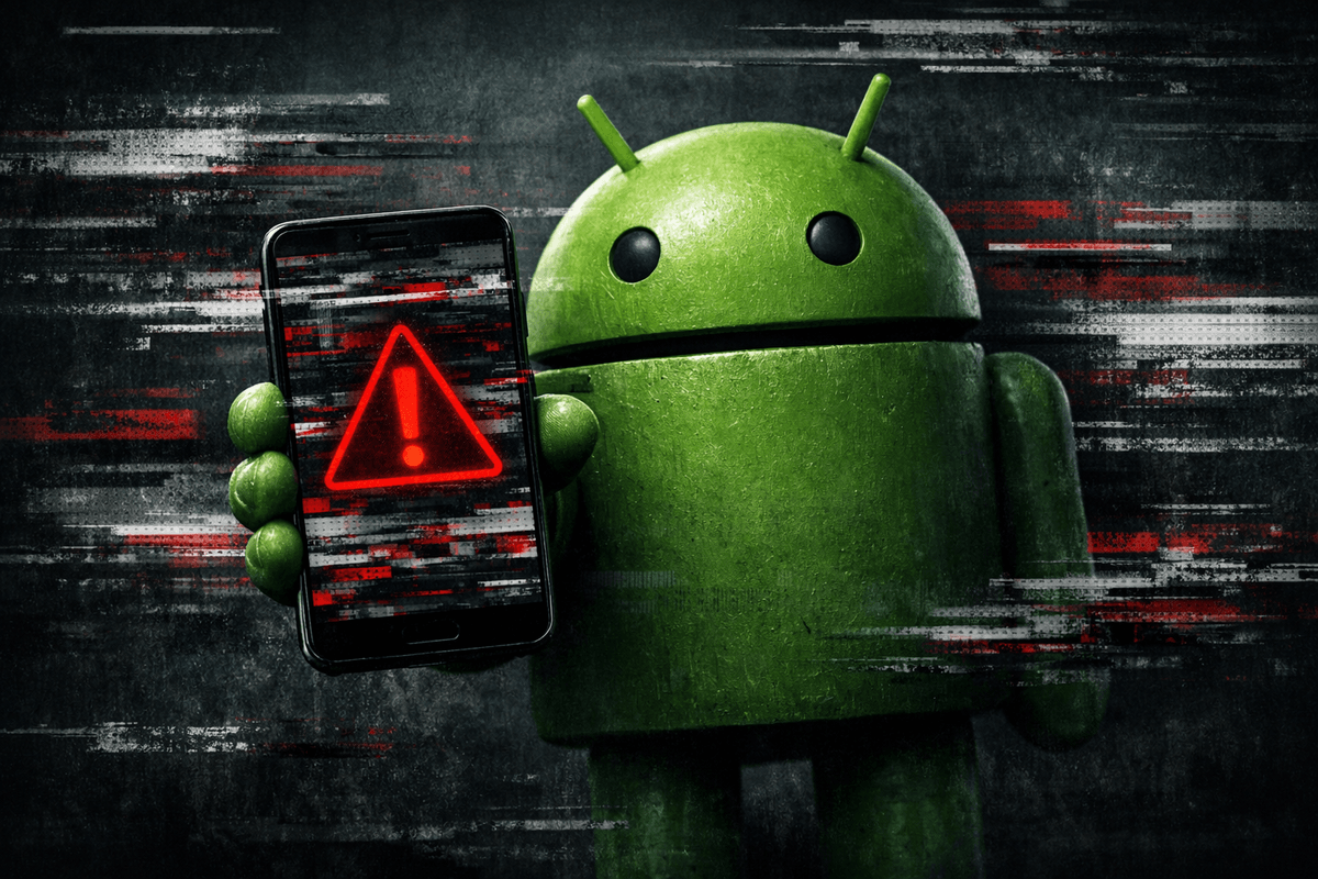 Android mascot holding mobile with warning sign displayed across the screen