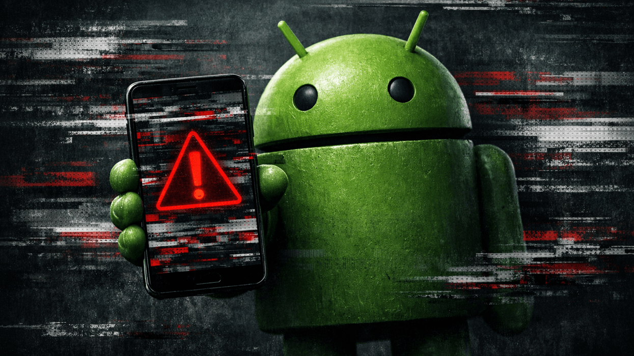 Android mascot holding mobile with warning sign displayed across the screen