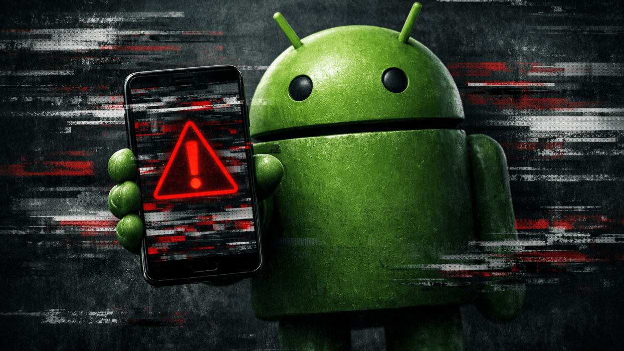 Android mascot holding mobile with warning sign displayed across the screen