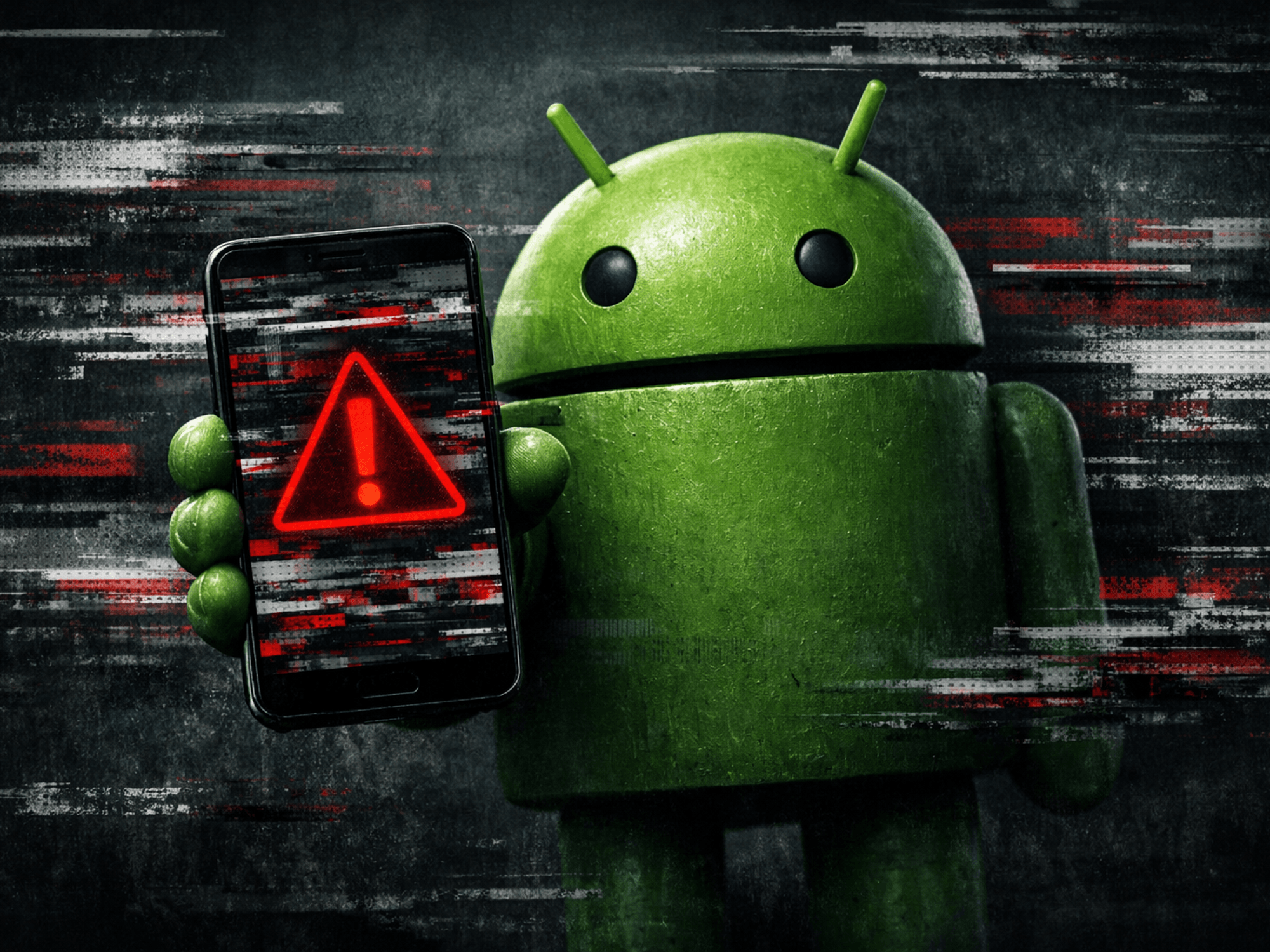 Android mascot holding mobile with warning sign displayed across the screen