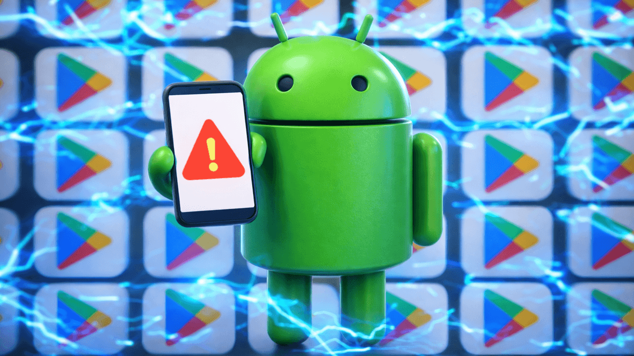 Android mascot holding mobile with warning symbol in front of Google Play Store logos