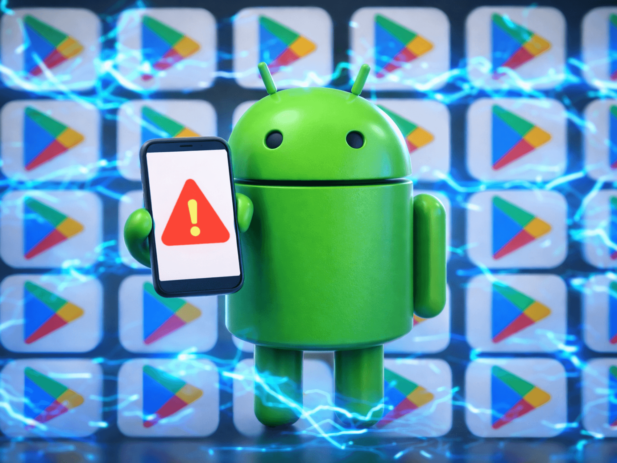 Android mascot holding mobile with warning symbol in front of Google Play Store logos