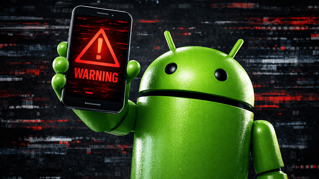 Android mascot holding phone with red warning sign