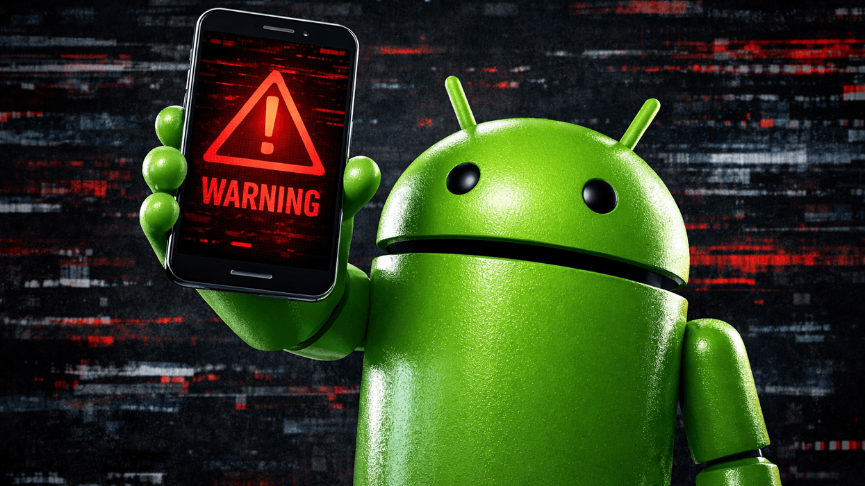 Android mascot holding phone with red warning sign