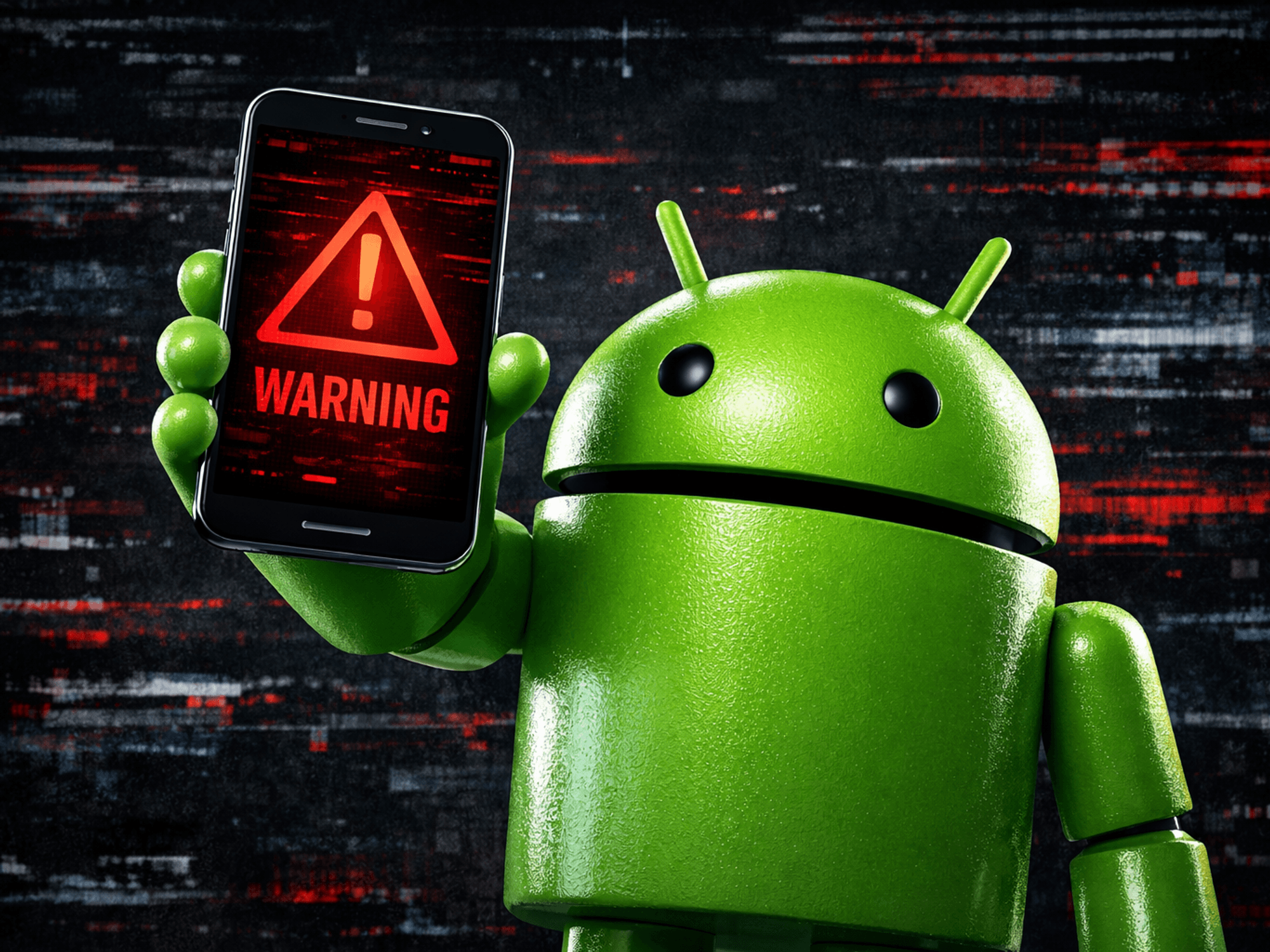 Android mascot holding phone with red warning sign