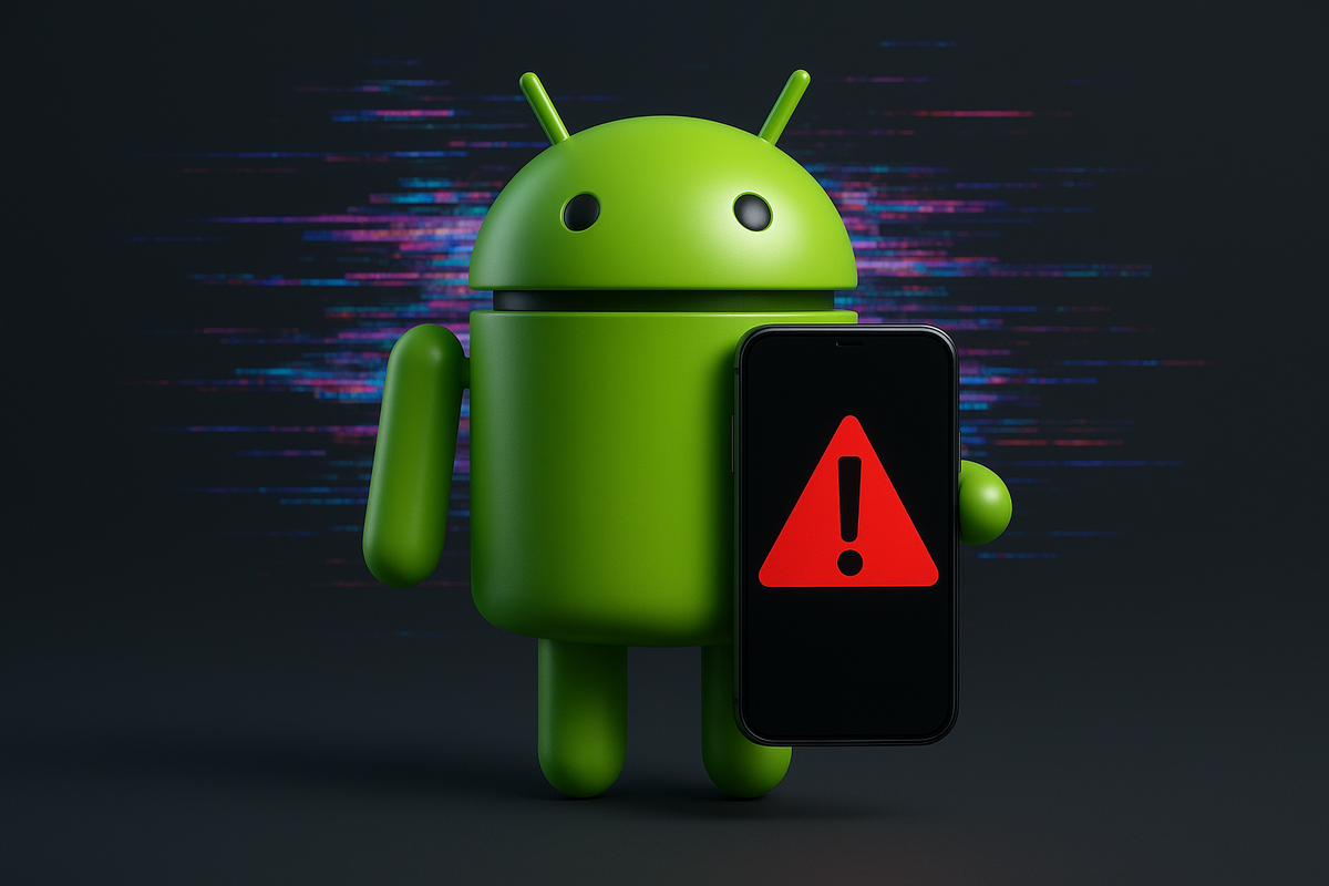 Android mascot holding phone with warning sign