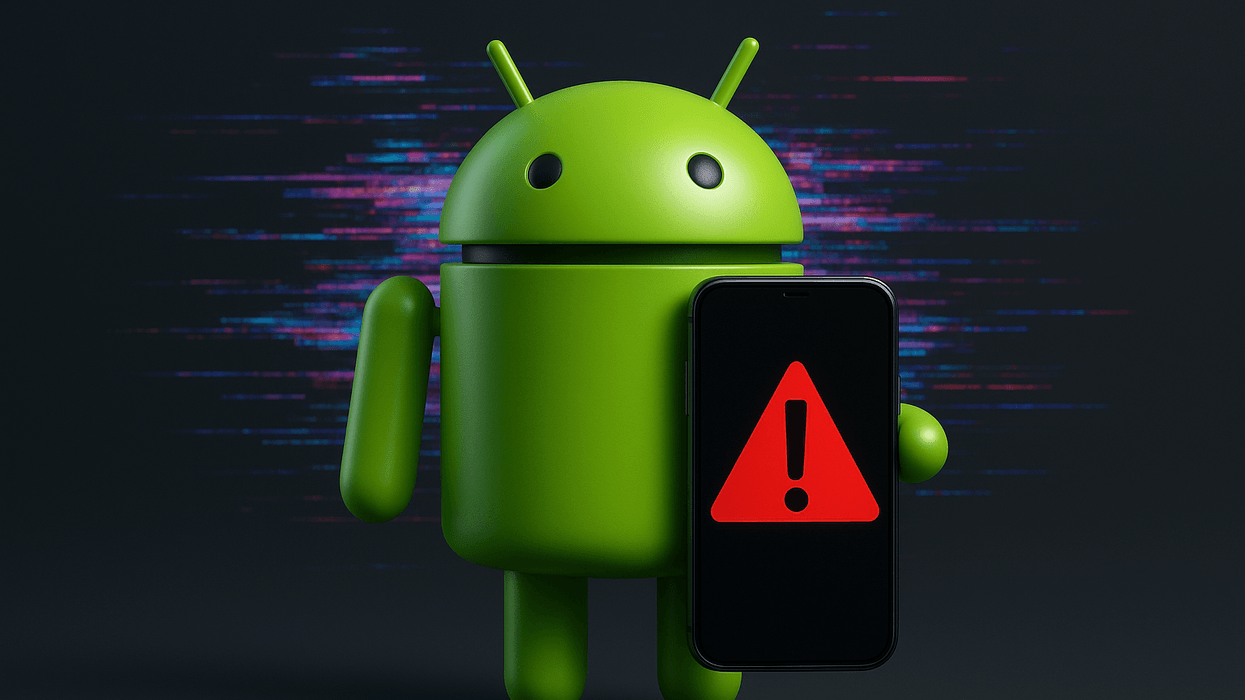 Android mascot holding phone with warning sign