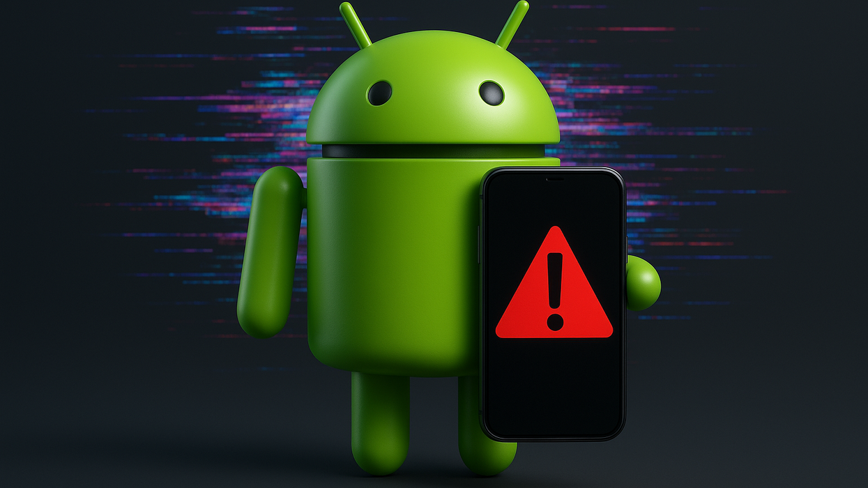 Android mascot holding phone with warning sign