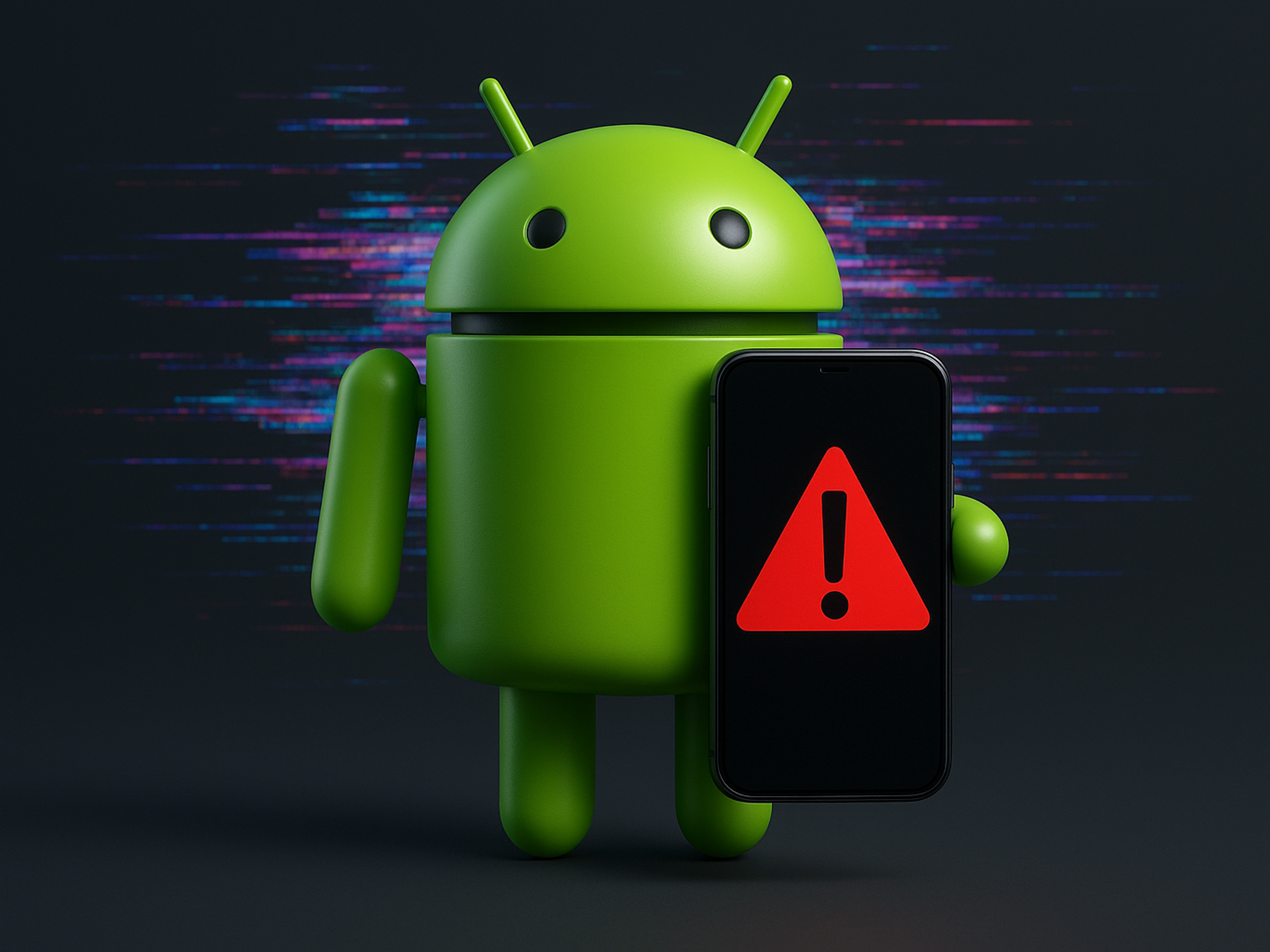 Android mascot holding phone with warning sign