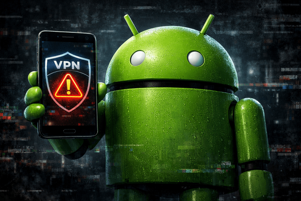 Android mascot holding up mobile displaying a VPN symbol with