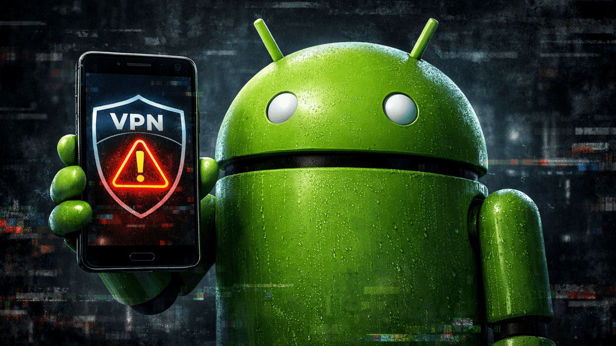 Android mascot holding up mobile displaying a VPN symbol with