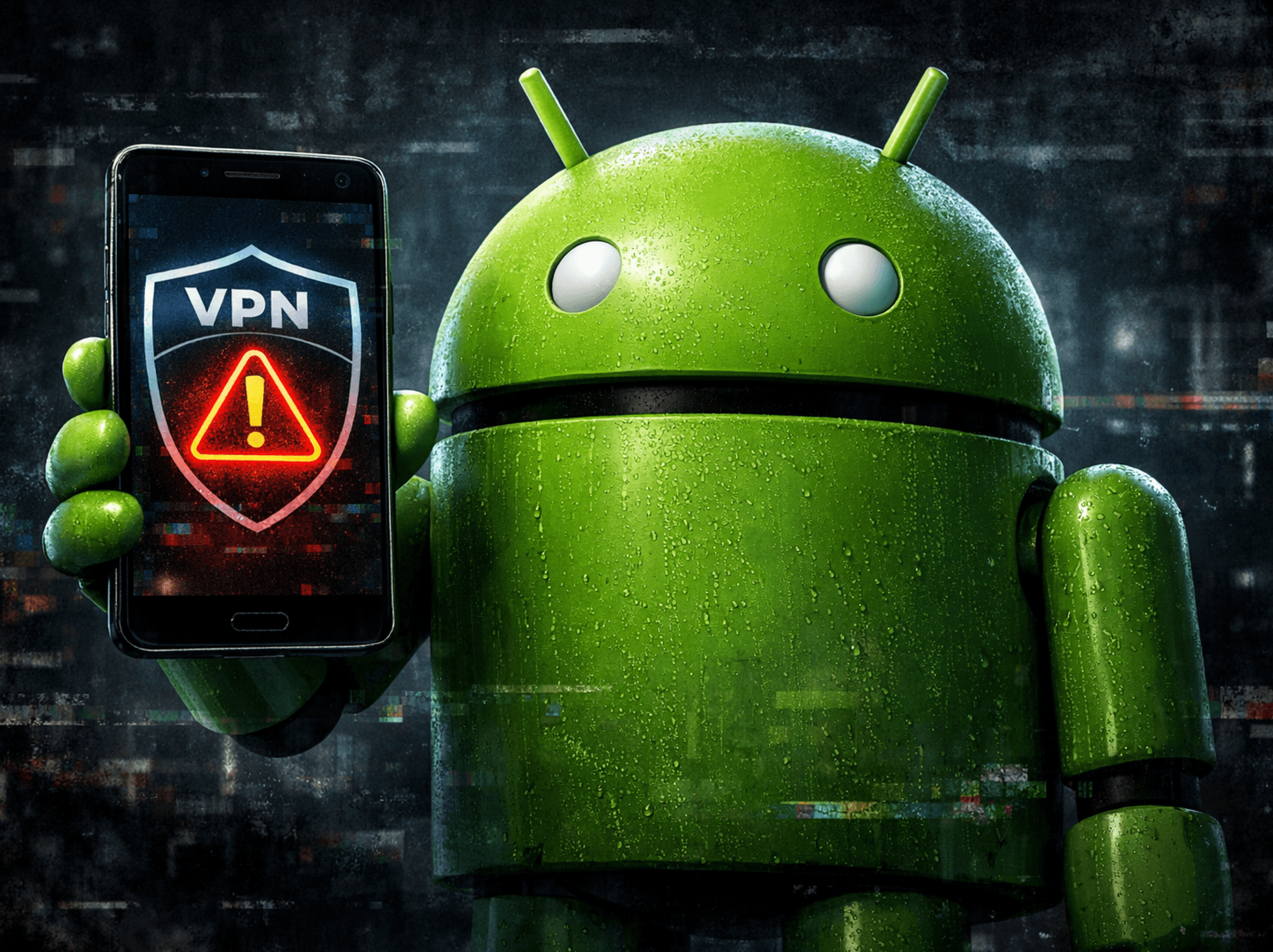 Android mascot holding up mobile displaying a VPN symbol with