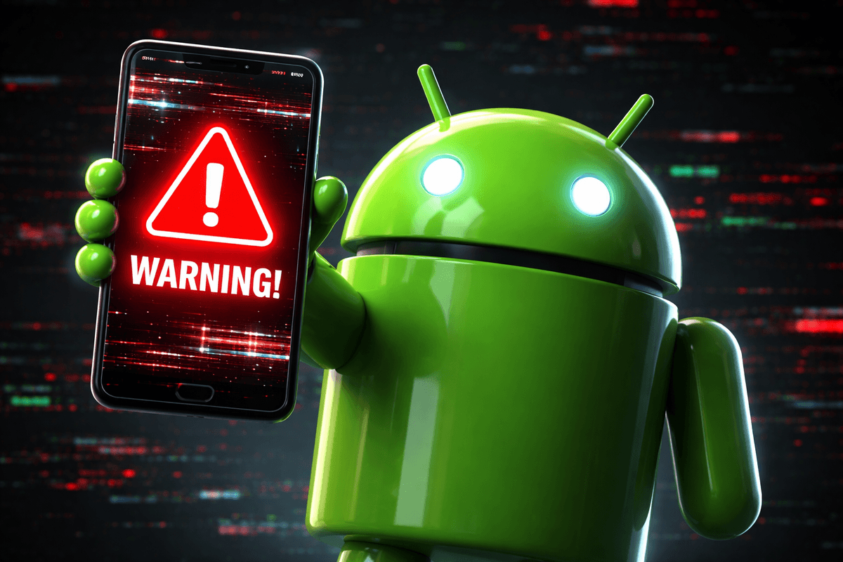 Android mascot holding up phone with warning symbol