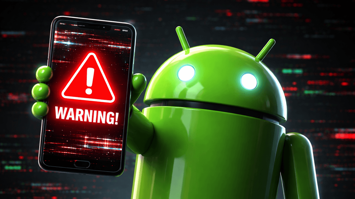 Android mascot holding up phone with warning symbol
