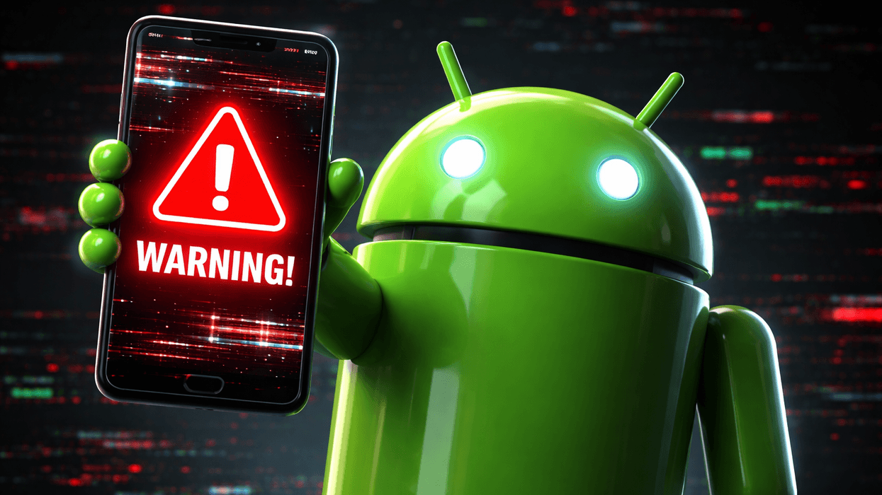 Android mascot holding up phone with warning symbol