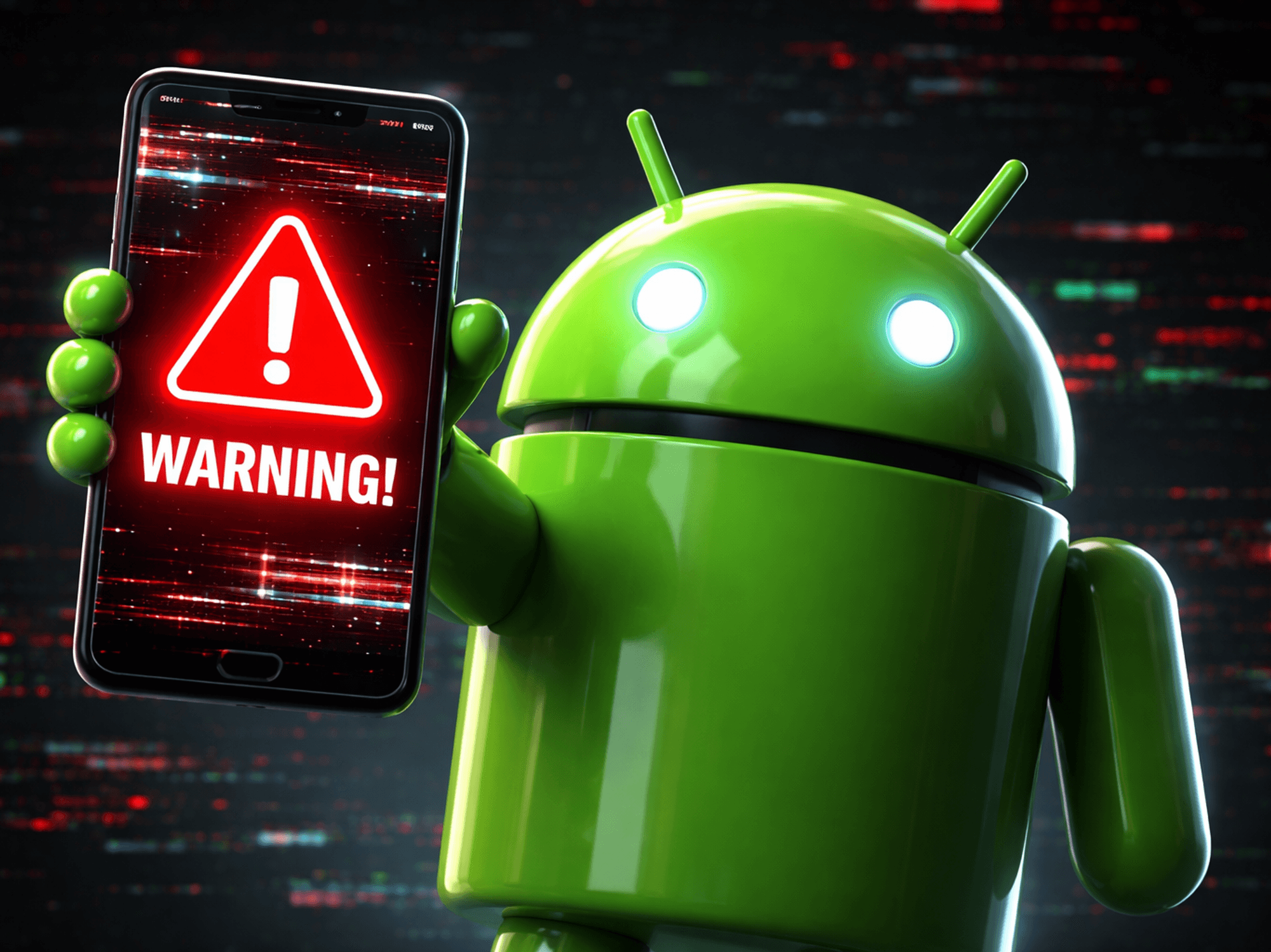 Android mascot holding up phone with warning symbol