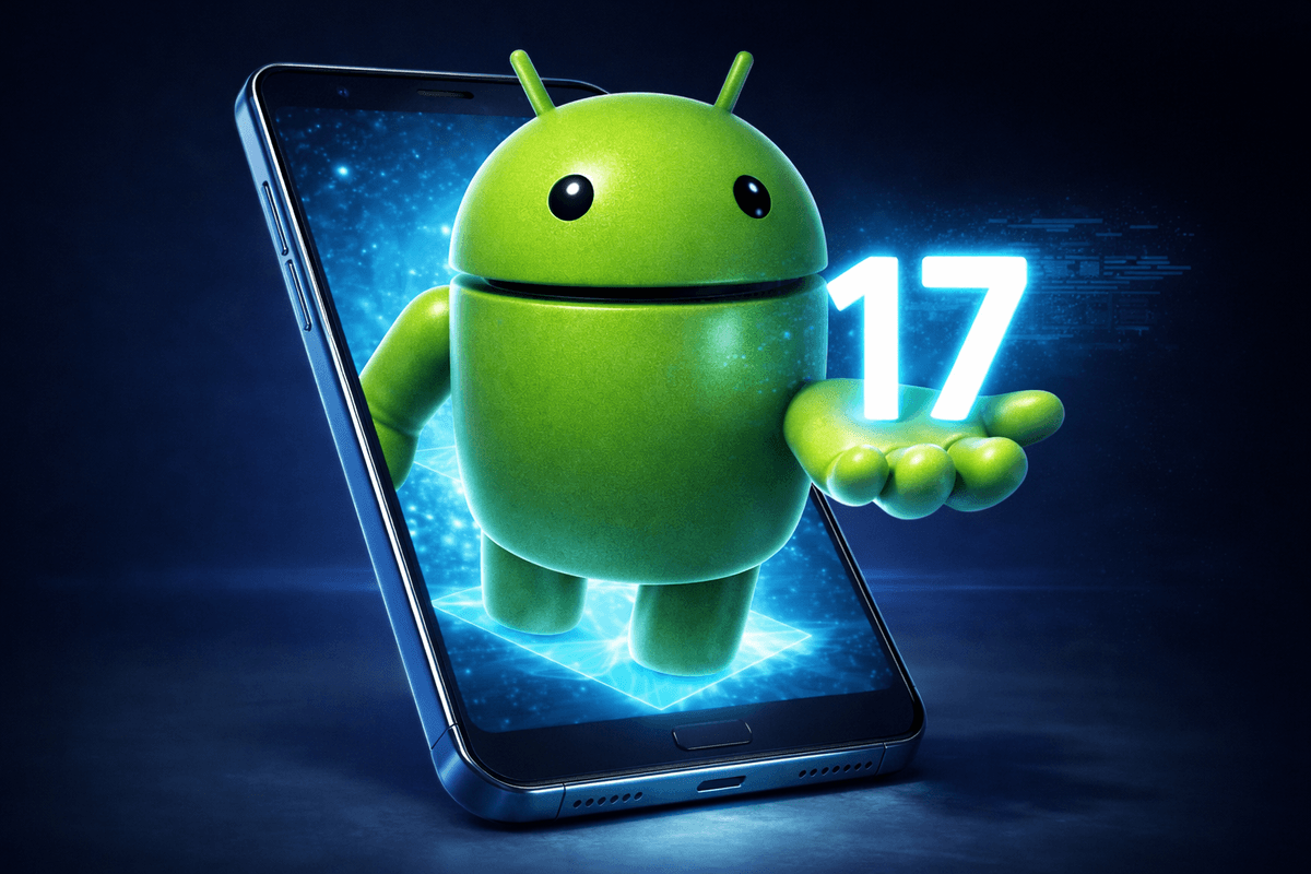 Android mascot walking out of a mobile, holding the number 17