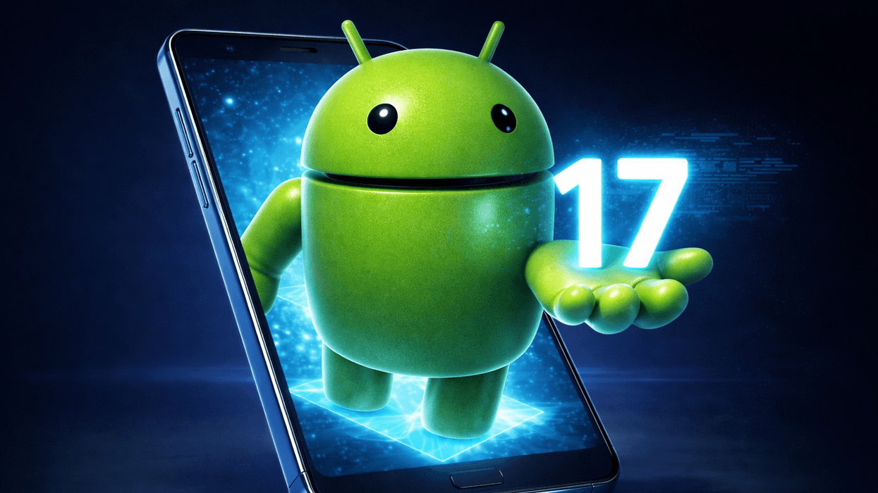 Android mascot walking out of a mobile, holding the number 17