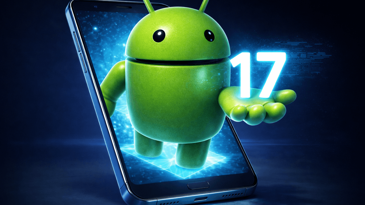 Android mascot walking out of a mobile, holding the number 17