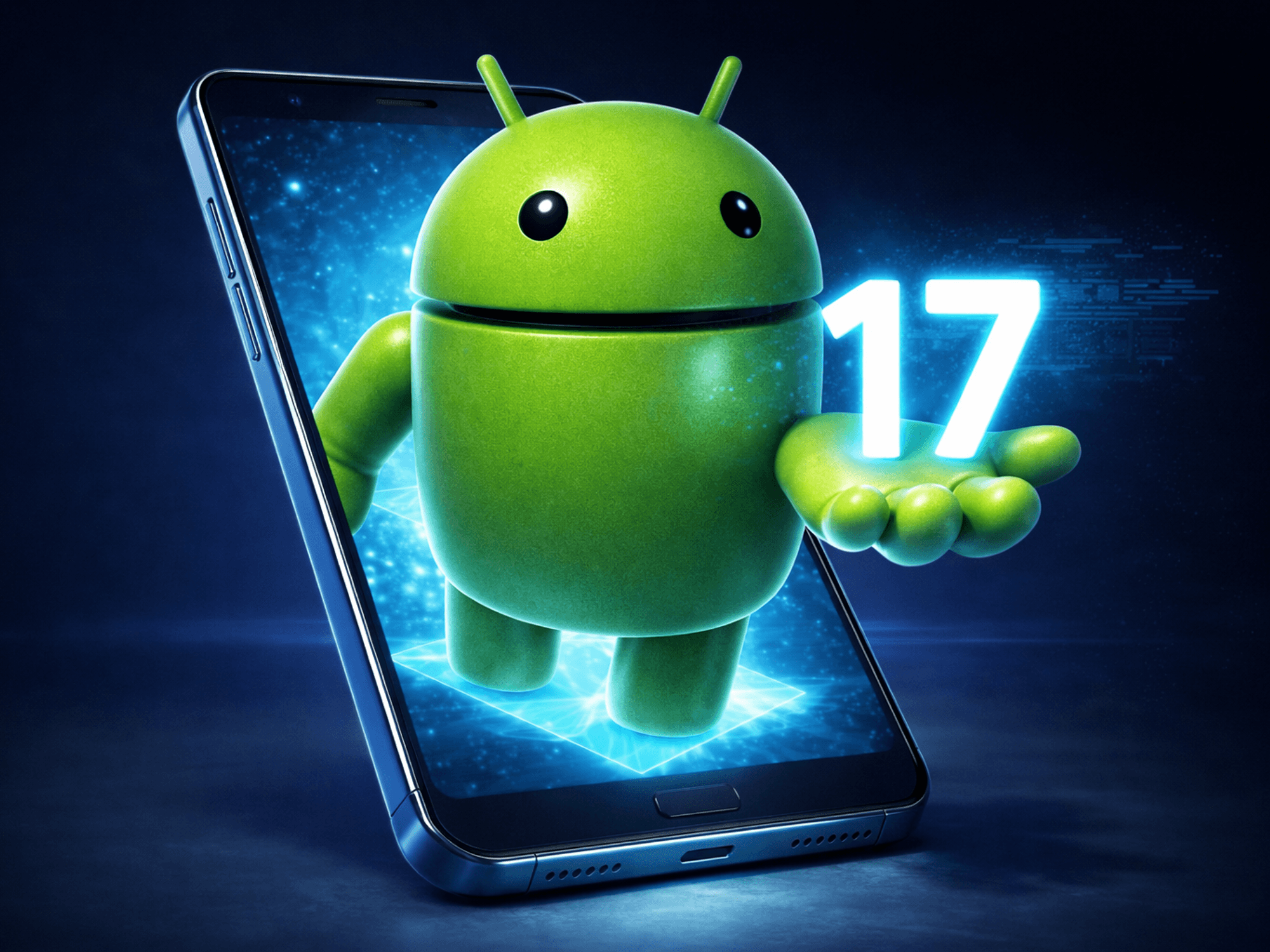 Android mascot walking out of a mobile, holding the number 17