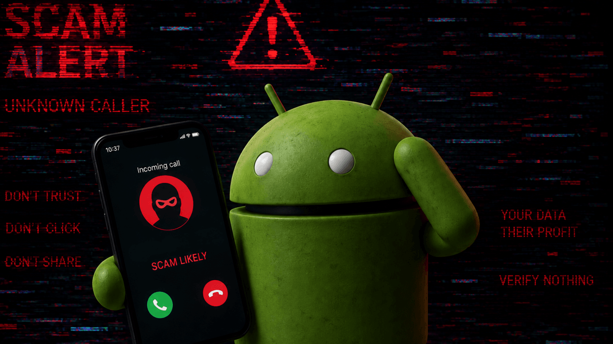 Android mascot with mobile detecting a scam call