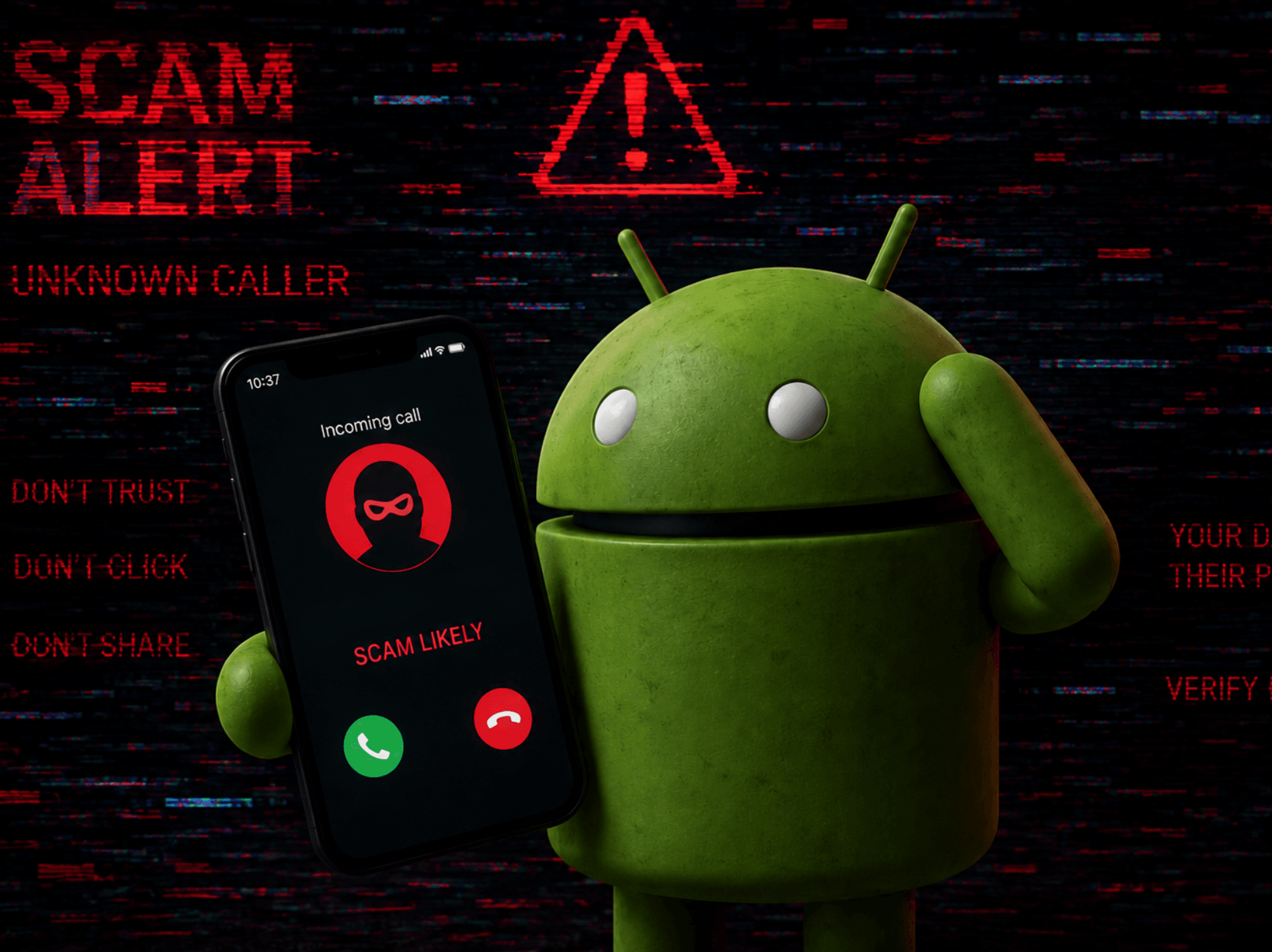 Android mascot with mobile detecting a scam call