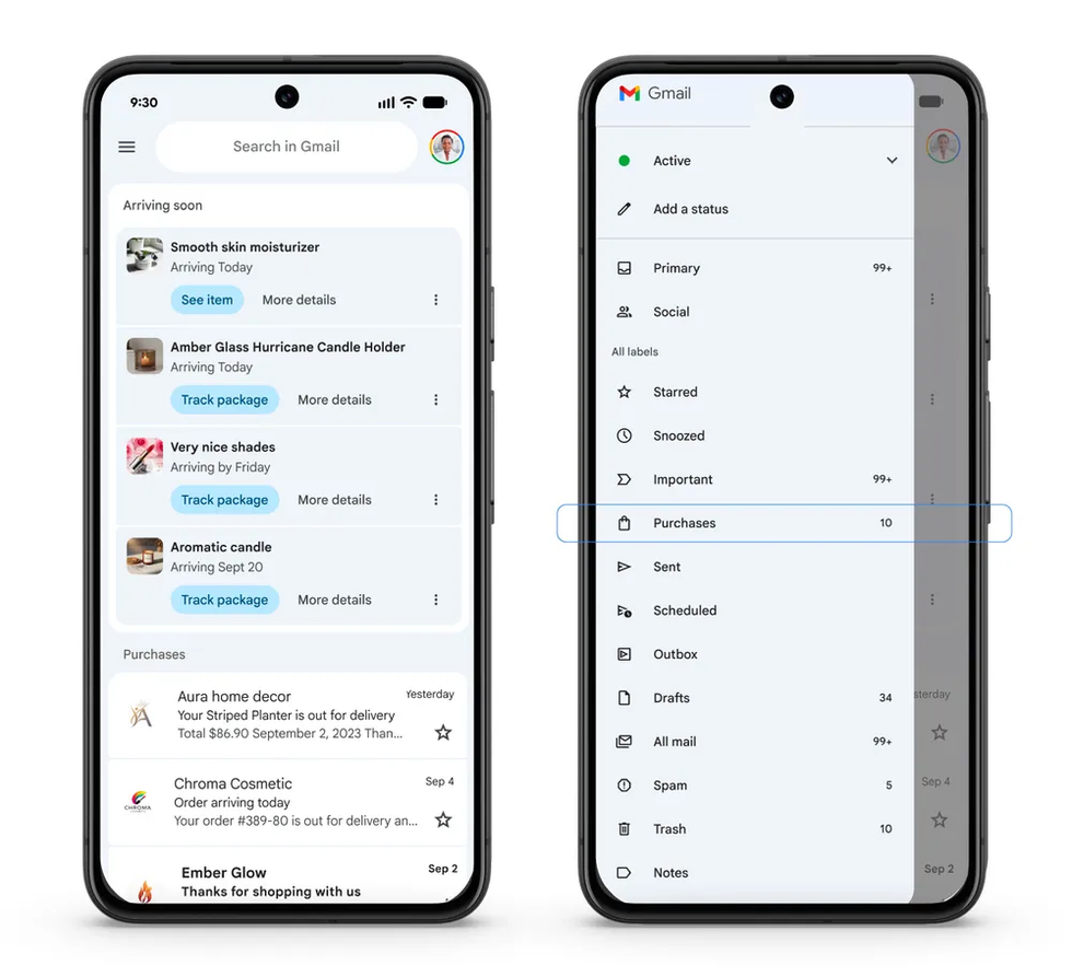 Android phone pictured side by side with the Purchases tab showing
