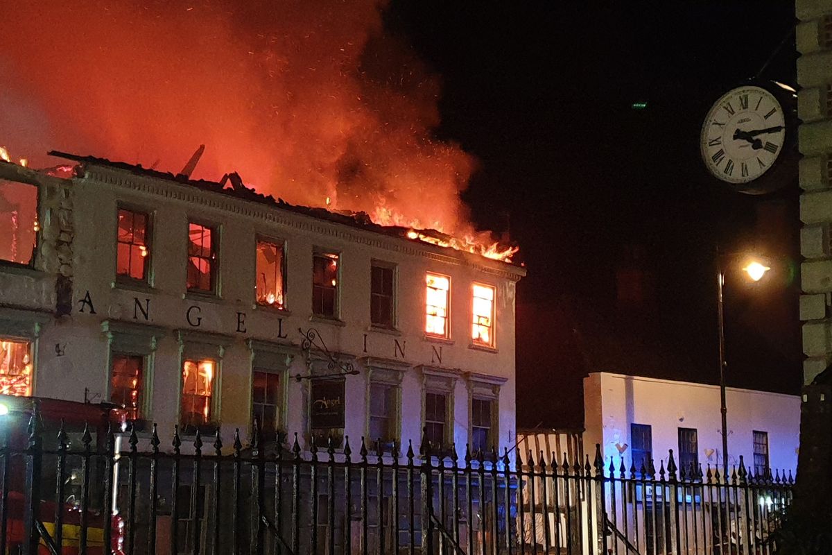 Angel Inn hotel on fire