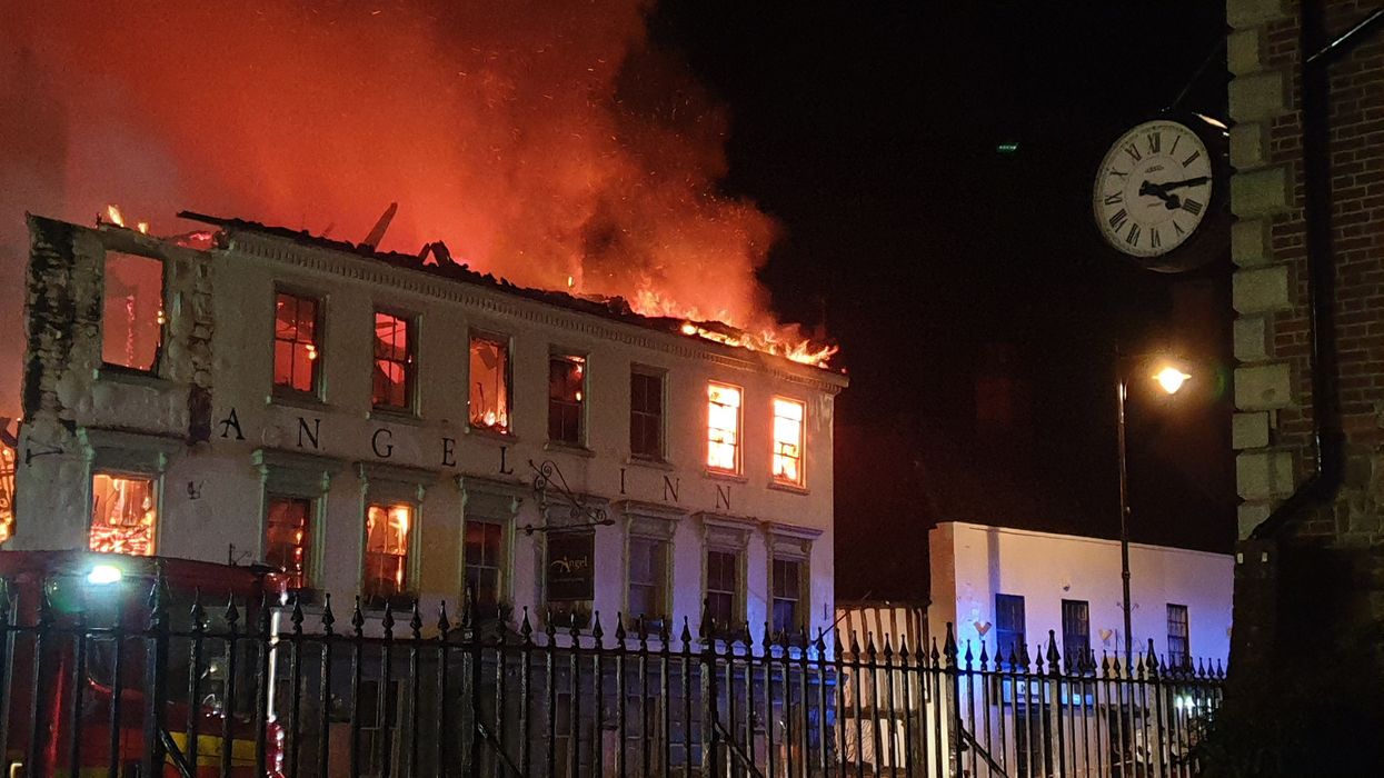 Angel Inn hotel on fire