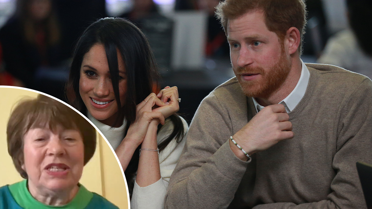 Angela Levin (left), Prince Harry and Meghan Markle (right)