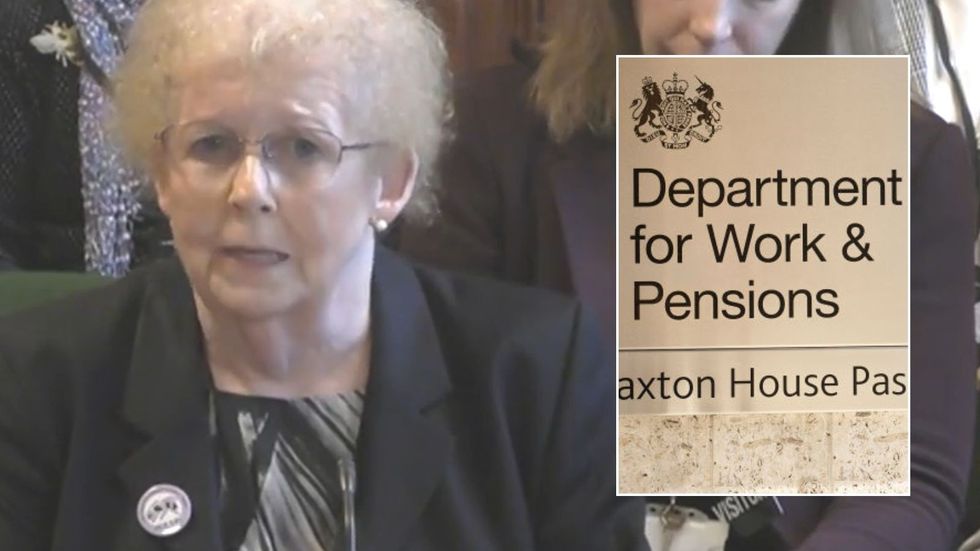 Angela Madden, WASPI chair, and DWP logo