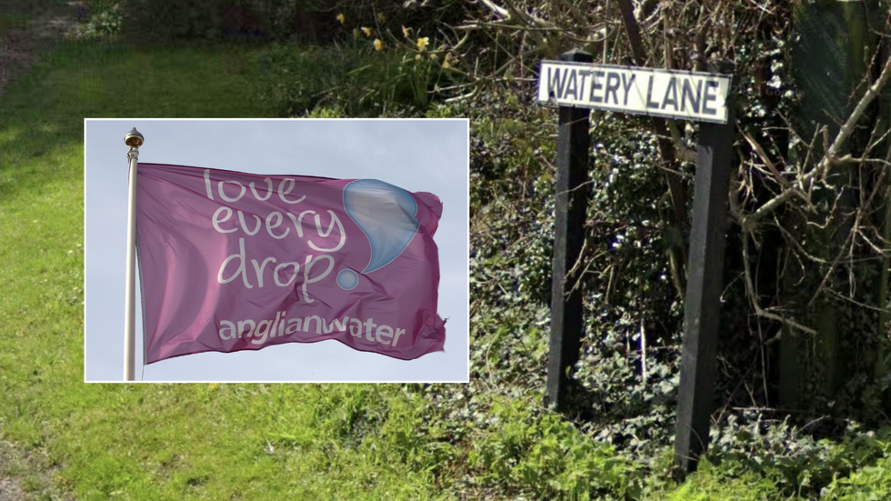 Anglian Water flag/Watery Lane sign