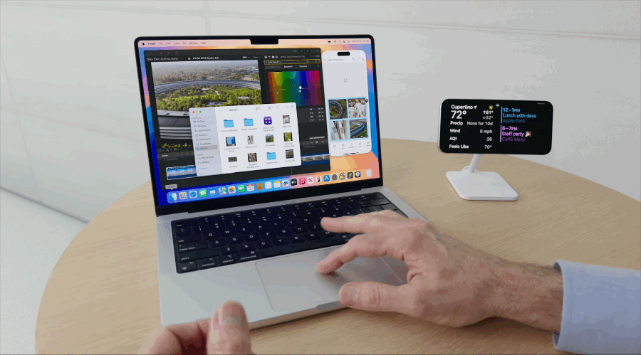 animated GIF displaying someone dragging a video file from the Finder into the iPhone Mirroring app