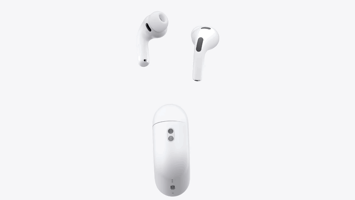 animated GIF of AirPods Pro 3 being dropped in the charging case